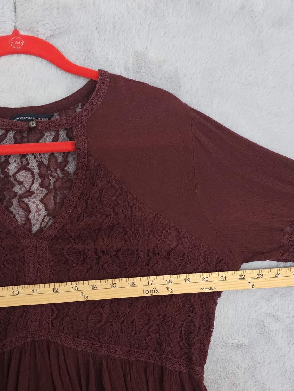 American Eagle Burgundy Lace Bell Sleeve Peplum Boho Top - Picture 6 of 12